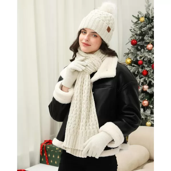imageWomens Winter Beanie Hat Touchscreen Gloves Long Neck Scarf Set Warm Knit Caps with Pom Fleece Gifts for WomenWhite