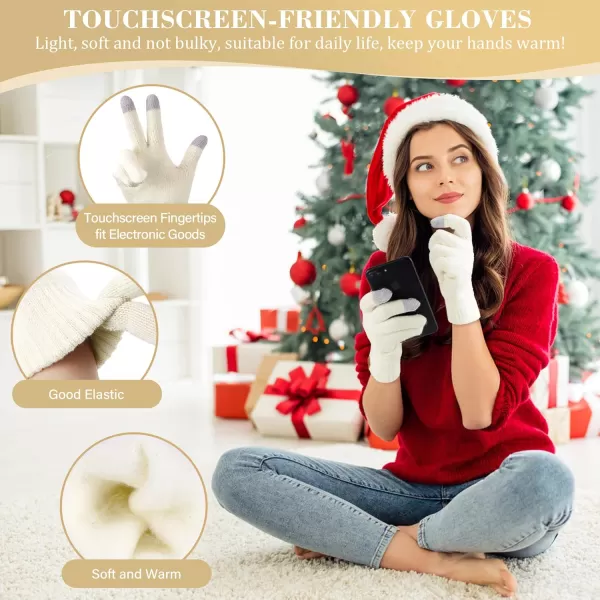 imageWomens Winter Beanie Hat Touchscreen Gloves Long Neck Scarf Set Warm Knit Caps with Pom Fleece Gifts for WomenWhite