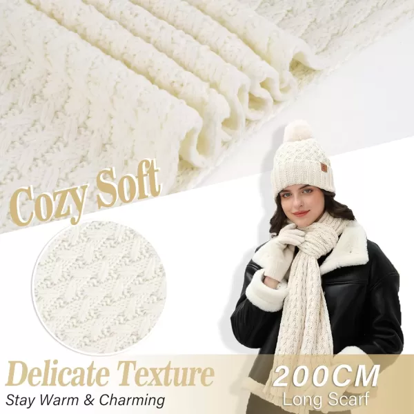 imageWomens Winter Beanie Hat Touchscreen Gloves Long Neck Scarf Set Warm Knit Caps with Pom Fleece Gifts for WomenWhite