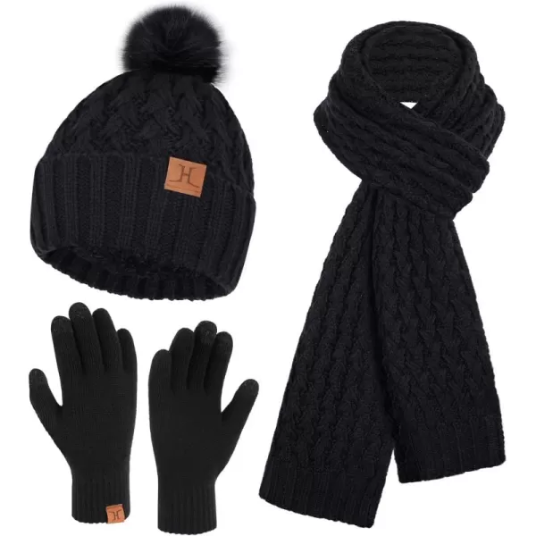 imageWomens Winter Beanie Hat Touchscreen Gloves Long Neck Scarf Set Warm Knit Caps with Pom Fleece Gifts for WomenBlack