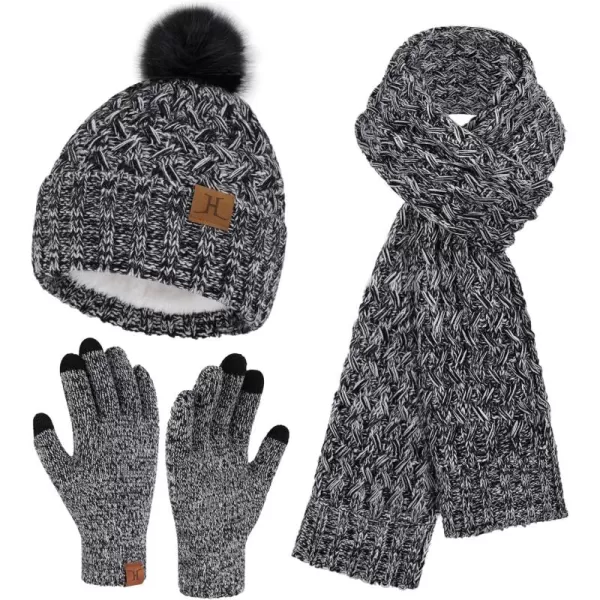 imageWomens Winter Beanie Hat Touchscreen Gloves Long Neck Scarf Set Warm Knit Caps with Pom Fleece Gifts for WomenBlack White