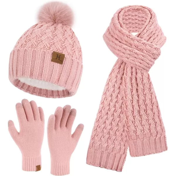 imageWomens Winter Beanie Hat Touchscreen Gloves Long Neck Scarf Set Warm Knit Caps with Pom Fleece Gifts for WomenPink