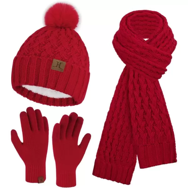 imageWomens Winter Beanie Hat Touchscreen Gloves Long Neck Scarf Set Warm Knit Caps with Pom Fleece Gifts for WomenRed