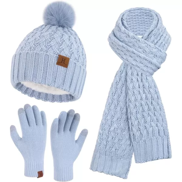 imageWomens Winter Beanie Hat Touchscreen Gloves Long Neck Scarf Set Warm Knit Caps with Pom Fleece Gifts for WomenSky Blue
