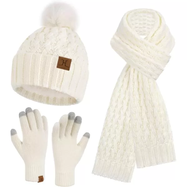 imageWomens Winter Beanie Hat Touchscreen Gloves Long Neck Scarf Set Warm Knit Caps with Pom Fleece Gifts for WomenWhite