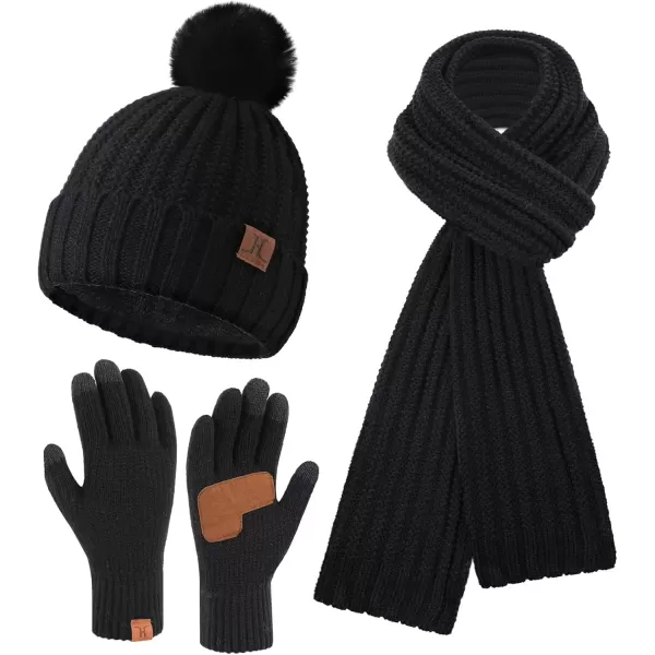 imageWomens Winter Warm Beanie Hat Long Neck Scarf Touchscreen Gloves Set Knit Skull Caps Pompom Fleece GiftsBlack