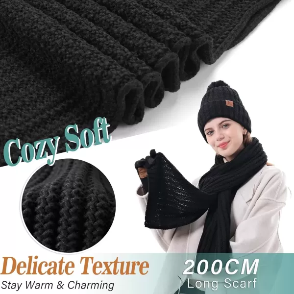 imageWomens Winter Warm Beanie Hat Long Neck Scarf Touchscreen Gloves Set Knit Skull Caps Pompom Fleece GiftsBlack