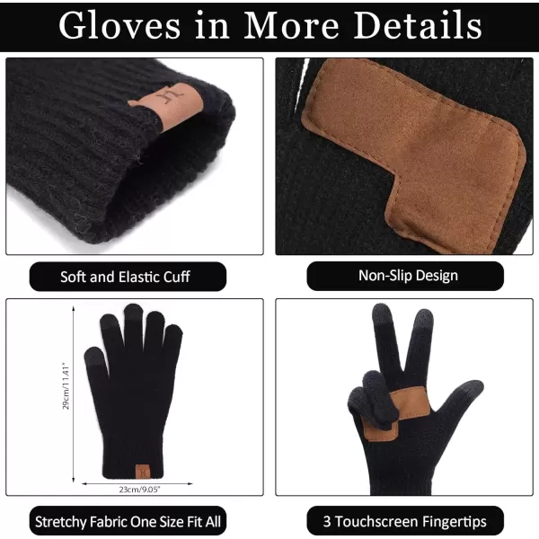 imageWomens Winter Warm Beanie Hat Long Neck Scarf Touchscreen Gloves Set Knit Skull Caps Pompom Fleece GiftsBlack