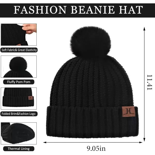 imageWomens Winter Warm Beanie Hat Long Neck Scarf Touchscreen Gloves Set Knit Skull Caps Pompom Fleece GiftsBlack