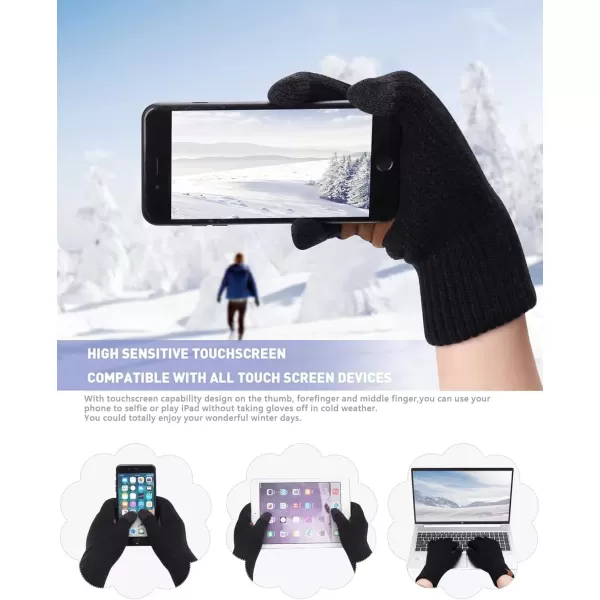 imageWomens Winter Warm Beanie Hat Long Neck Scarf Touchscreen Gloves Set Knit Skull Caps Pompom Fleece GiftsBlack