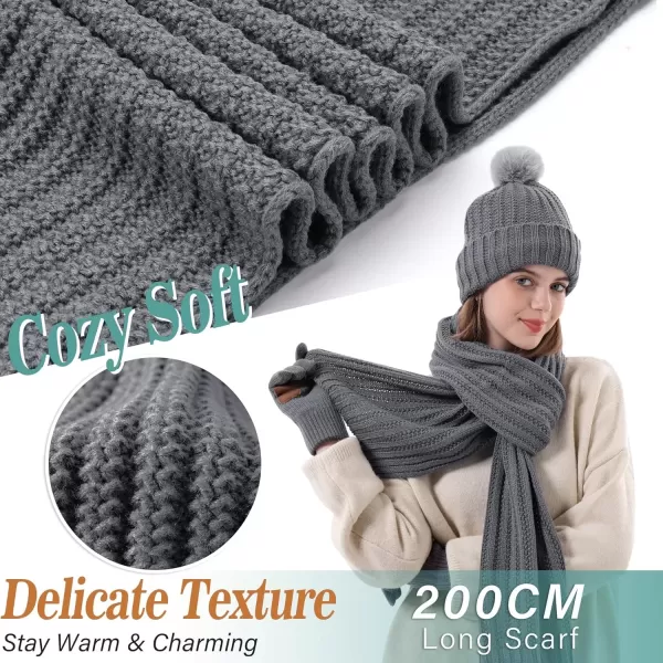 imageWomens Winter Warm Beanie Hat Long Neck Scarf Touchscreen Gloves Set Knit Skull Caps Pompom Fleece GiftsDark Gray