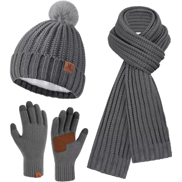 imageWomens Winter Warm Beanie Hat Long Neck Scarf Touchscreen Gloves Set Knit Skull Caps Pompom Fleece GiftsDark Gray