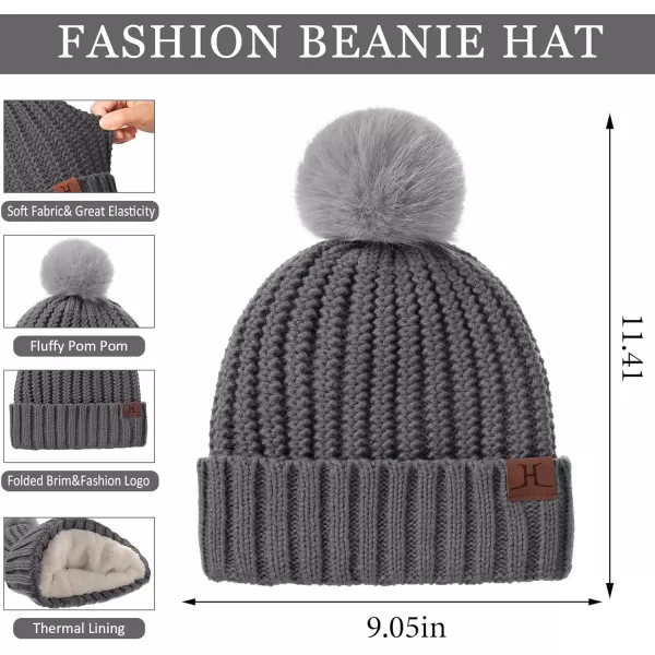imageWomens Winter Warm Beanie Hat Long Neck Scarf Touchscreen Gloves Set Knit Skull Caps Pompom Fleece GiftsDark Gray