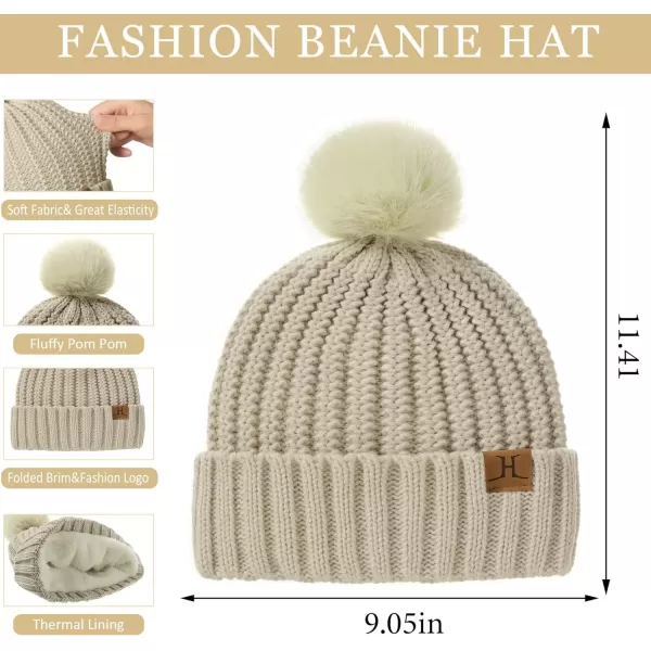 imageWomens Winter Warm Beanie Hat Long Neck Scarf Touchscreen Gloves Set Knit Skull Caps Pompom Fleece GiftsOatmeal