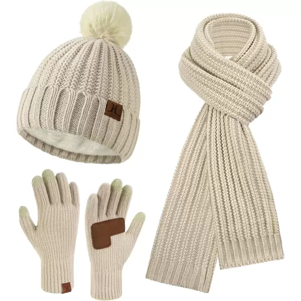 imageWomens Winter Warm Beanie Hat Long Neck Scarf Touchscreen Gloves Set Knit Skull Caps Pompom Fleece GiftsOatmeal
