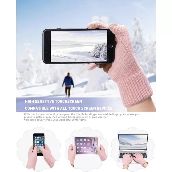 imageWomens Winter Warm Beanie Hat Long Neck Scarf Touchscreen Gloves Set Knit Skull Caps Pompom Fleece GiftsPink