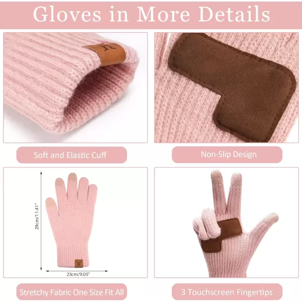 imageWomens Winter Warm Beanie Hat Long Neck Scarf Touchscreen Gloves Set Knit Skull Caps Pompom Fleece GiftsPink