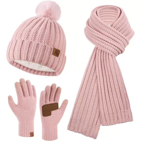 imageWomens Winter Warm Beanie Hat Long Neck Scarf Touchscreen Gloves Set Knit Skull Caps Pompom Fleece GiftsPink