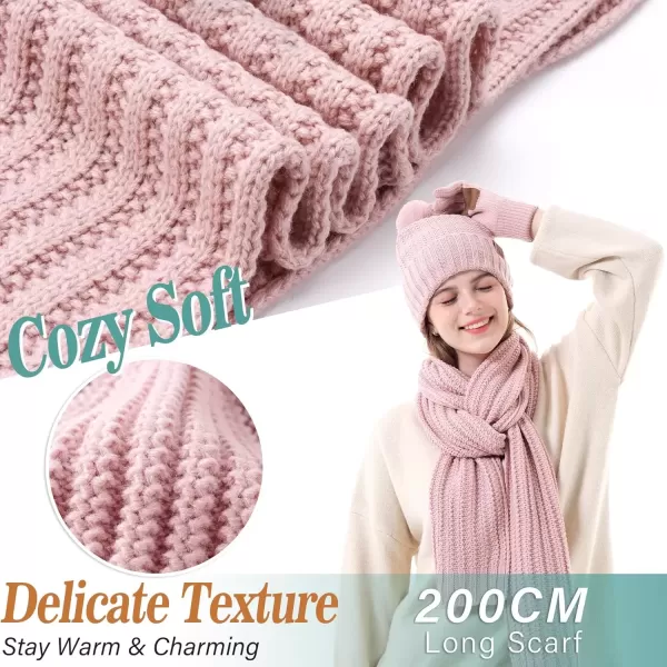 imageWomens Winter Warm Beanie Hat Long Neck Scarf Touchscreen Gloves Set Knit Skull Caps Pompom Fleece GiftsPink