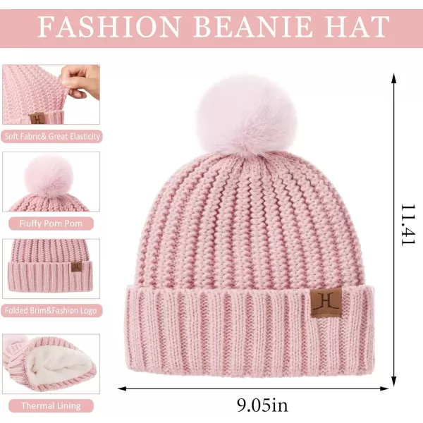 imageWomens Winter Warm Beanie Hat Long Neck Scarf Touchscreen Gloves Set Knit Skull Caps Pompom Fleece GiftsPink