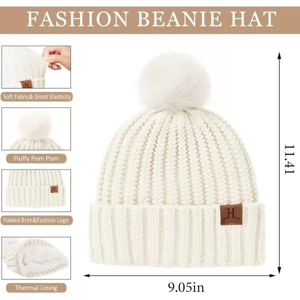 imageWomens Winter Warm Beanie Hat Long Neck Scarf Touchscreen Gloves Set Knit Skull Caps Pompom Fleece GiftsWhite
