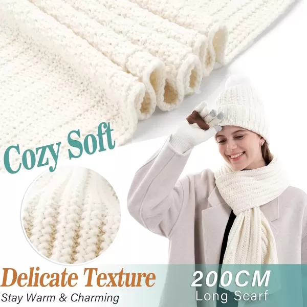 imageWomens Winter Warm Beanie Hat Long Neck Scarf Touchscreen Gloves Set Knit Skull Caps Pompom Fleece GiftsWhite
