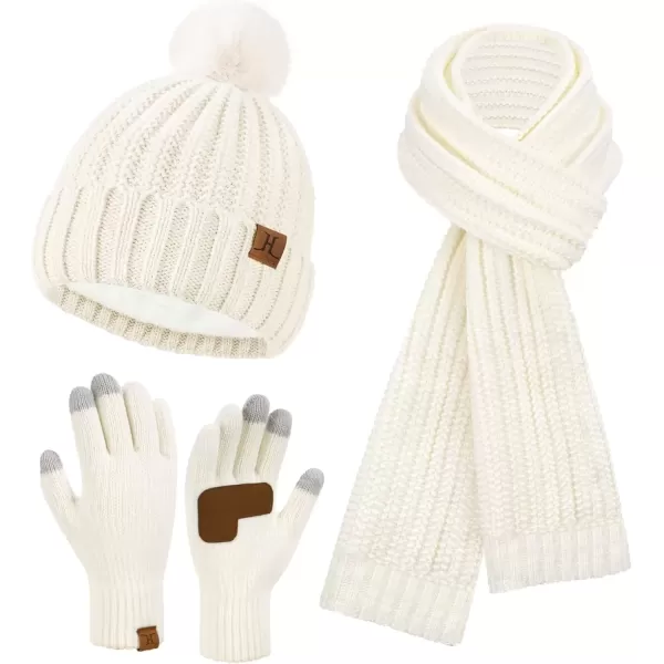 imageWomens Winter Warm Beanie Hat Long Neck Scarf Touchscreen Gloves Set Knit Skull Caps Pompom Fleece GiftsWhite