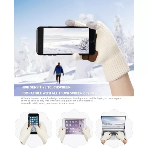 imageWomens Winter Warm Beanie Hat Long Neck Scarf Touchscreen Gloves Set Knit Skull Caps Pompom Fleece GiftsWhite