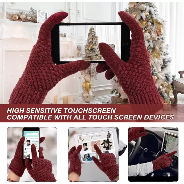 imageFZ FANTASTIC ZONE Womens Winter Gloves with Touchscreen Warm Chenille Knit Thermal Gloves for Women Cold Weather GiftsWine Red