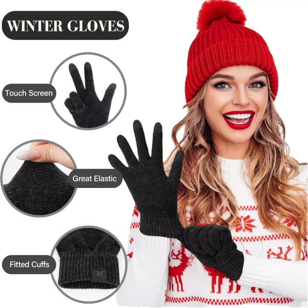 imageFZ FANTASTIC ZONE Womens Winter Warm Touch Screen Gloves Chenille Elastic Cuffs Knit Gloves for Women Cold Weather GiftsBlack