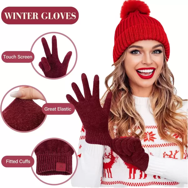 imageFZ FANTASTIC ZONE Womens Winter Warm Touch Screen Gloves Chenille Elastic Cuffs Knit Gloves for Women Cold Weather GiftsWine Red