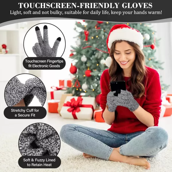 imageWomens Winter Warm Fuzzy Beanie Hat Touchscreen Gloves Long Neck Scarf Knit Set with Fluffy Skull Cap Gifts for WomenBlack White