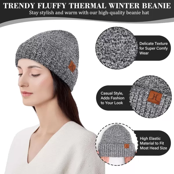 imageWomens Winter Warm Fuzzy Beanie Hat Touchscreen Gloves Long Neck Scarf Knit Set with Fluffy Skull Cap Gifts for WomenBlack White