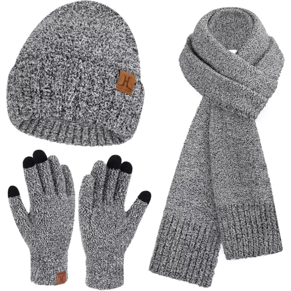 imageWomens Winter Warm Fuzzy Beanie Hat Touchscreen Gloves Long Neck Scarf Knit Set with Fluffy Skull Cap Gifts for WomenBlack White