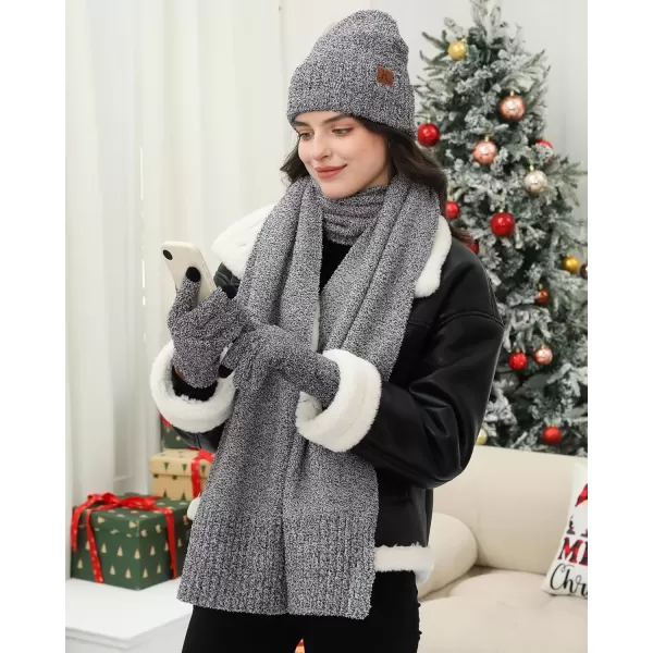 imageWomens Winter Warm Fuzzy Beanie Hat Touchscreen Gloves Long Neck Scarf Knit Set with Fluffy Skull Cap Gifts for WomenBlack White