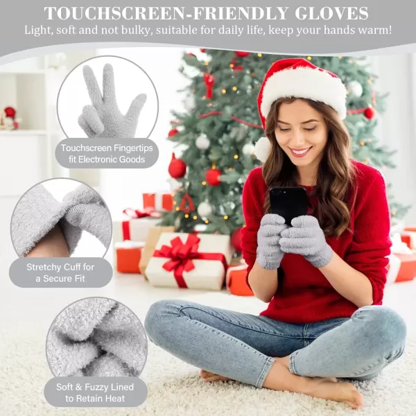 imageWomens Winter Warm Fuzzy Beanie Hat Touchscreen Gloves Long Neck Scarf Knit Set with Fluffy Skull Cap Gifts for WomenLight Grey