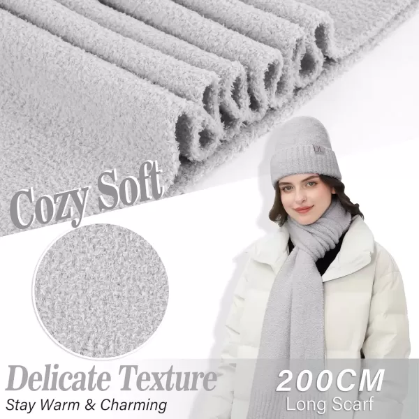 imageWomens Winter Warm Fuzzy Beanie Hat Touchscreen Gloves Long Neck Scarf Knit Set with Fluffy Skull Cap Gifts for WomenLight Grey