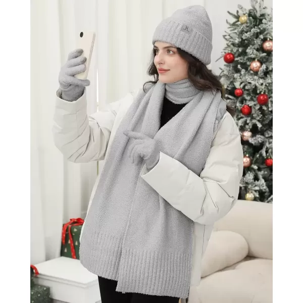 imageWomens Winter Warm Fuzzy Beanie Hat Touchscreen Gloves Long Neck Scarf Knit Set with Fluffy Skull Cap Gifts for WomenLight Grey