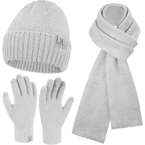 imageWomens Winter Warm Fuzzy Beanie Hat Touchscreen Gloves Long Neck Scarf Knit Set with Fluffy Skull Cap Gifts for WomenLight Grey