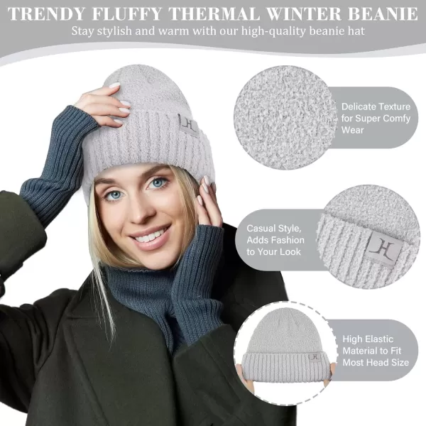 imageWomens Winter Warm Fuzzy Beanie Hat Touchscreen Gloves Long Neck Scarf Knit Set with Fluffy Skull Cap Gifts for WomenLight Grey