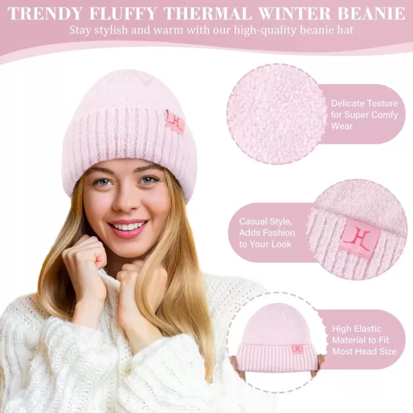 imageWomens Winter Warm Fuzzy Beanie Hat Touchscreen Gloves Long Neck Scarf Knit Set with Fluffy Skull Cap Gifts for WomenPink