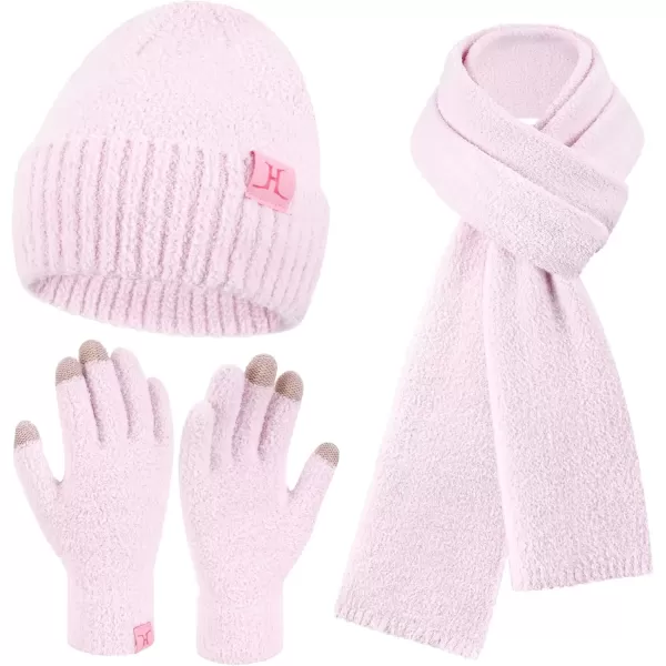 imageWomens Winter Warm Fuzzy Beanie Hat Touchscreen Gloves Long Neck Scarf Knit Set with Fluffy Skull Cap Gifts for WomenPink