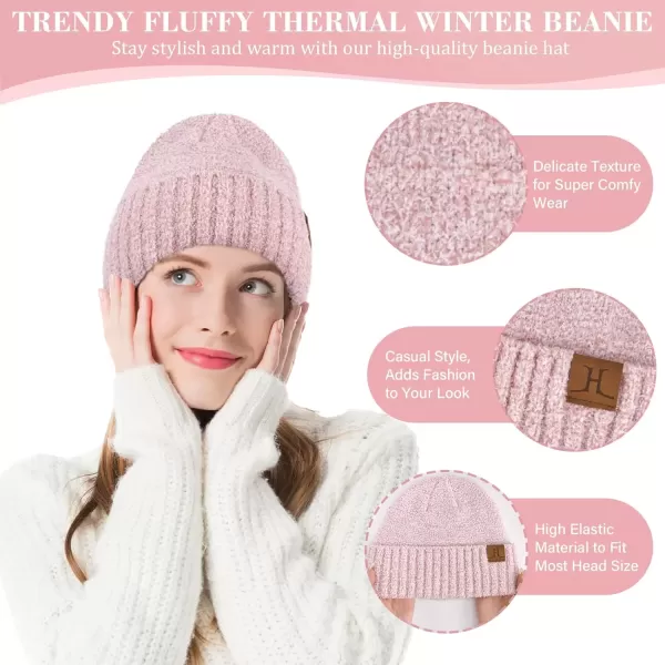 imageWomens Winter Warm Fuzzy Beanie Hat Touchscreen Gloves Long Neck Scarf Knit Set with Fluffy Skull Cap Gifts for WomenPink White