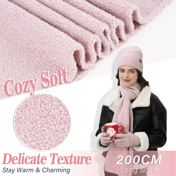 imageWomens Winter Warm Fuzzy Beanie Hat Touchscreen Gloves Long Neck Scarf Knit Set with Fluffy Skull Cap Gifts for WomenPink White