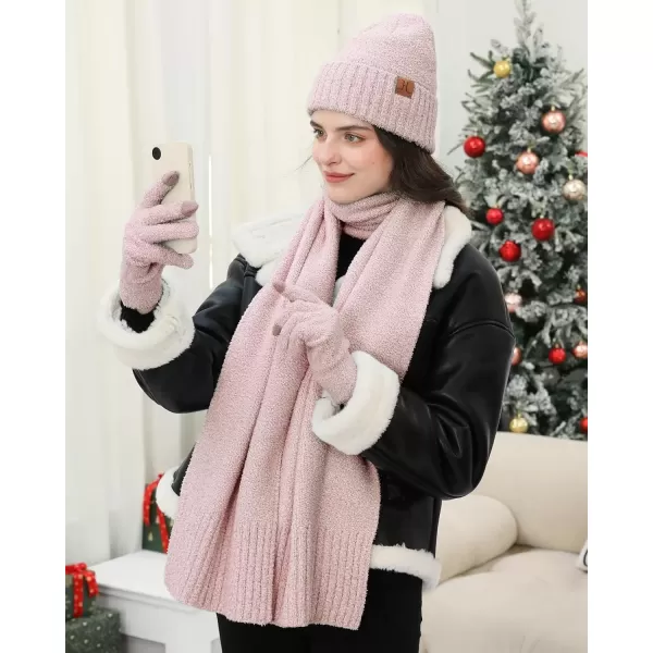 imageWomens Winter Warm Fuzzy Beanie Hat Touchscreen Gloves Long Neck Scarf Knit Set with Fluffy Skull Cap Gifts for WomenPink White