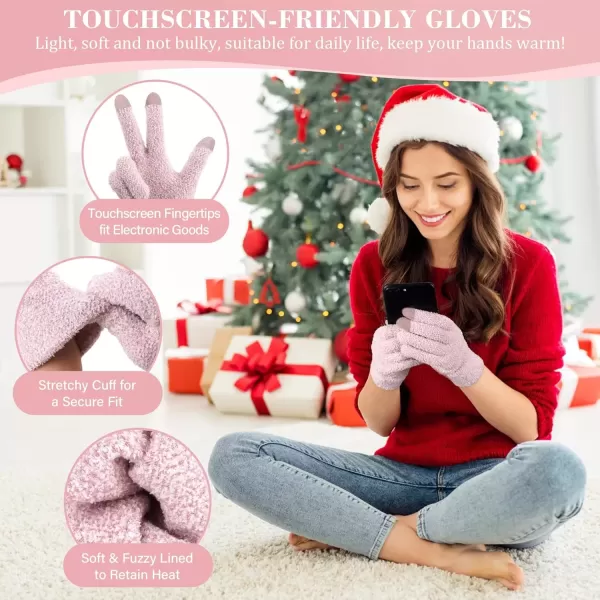 imageWomens Winter Warm Fuzzy Beanie Hat Touchscreen Gloves Long Neck Scarf Knit Set with Fluffy Skull Cap Gifts for WomenPink White