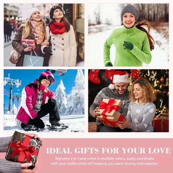 imageWomens Winter Warm Fuzzy Beanie Hat Touchscreen Gloves Long Neck Scarf Knit Set with Fluffy Skull Cap Gifts for WomenPink White