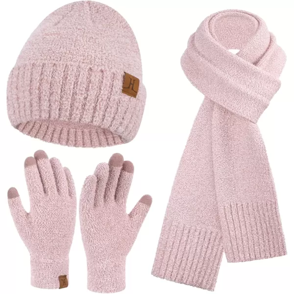 imageWomens Winter Warm Fuzzy Beanie Hat Touchscreen Gloves Long Neck Scarf Knit Set with Fluffy Skull Cap Gifts for WomenPink White
