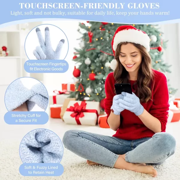 imageWomens Winter Warm Fuzzy Beanie Hat Touchscreen Gloves Long Neck Scarf Knit Set with Fluffy Skull Cap Gifts for WomenSky Blue