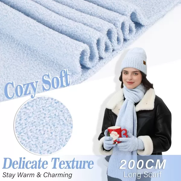 imageWomens Winter Warm Fuzzy Beanie Hat Touchscreen Gloves Long Neck Scarf Knit Set with Fluffy Skull Cap Gifts for WomenSky Blue
